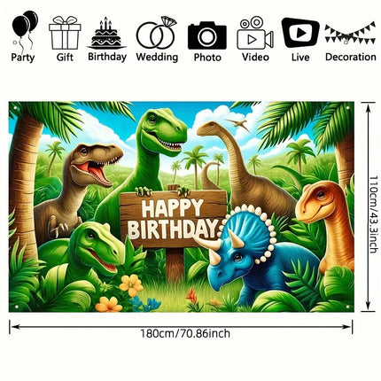 Dinosaur Jungle Birthday Party Backdrop  Polyester Photo Booth Background With Balloons & Flowers, Versatile Indoor