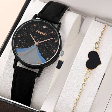 1pc Women Quartz Watch With Qpc Heart Bracelet Fashion Casual Round Pointer Quartz Watch Dainty Black Heart Bracelet Set