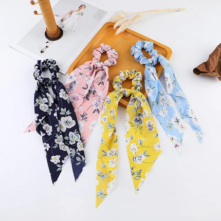 2023 Fashion Print Chiffon Long Ribbon Scrunchies Women Girls Ponytail Scarf Elastic Hair Bands Ties Hair Accessories Wholesale