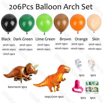 206Pcs Dinosaur Balloon Garland Green Three Rex Dinosaur foil Globo Orange Green Balloons Arch for Birthday Baby Showe Decoratio