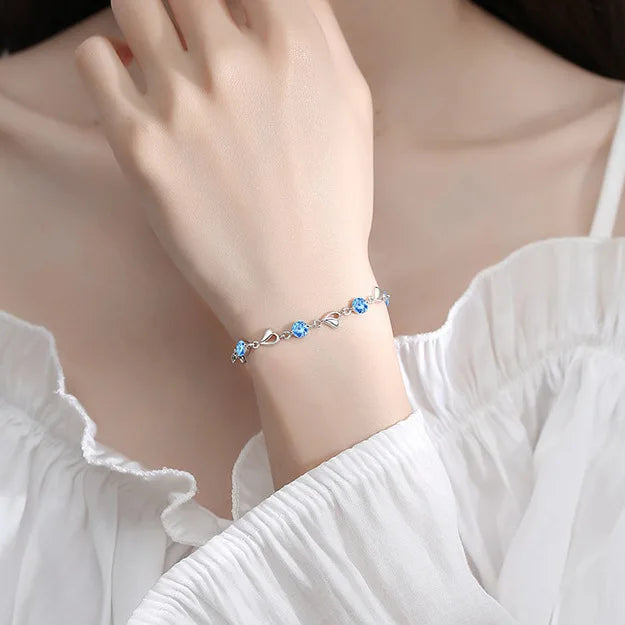 925 Sterling Silver Bracelet For Women Retro Korean Heart Shaped Charm Bracelets Original Bling Blue Crystal Jewelry Party Gifts