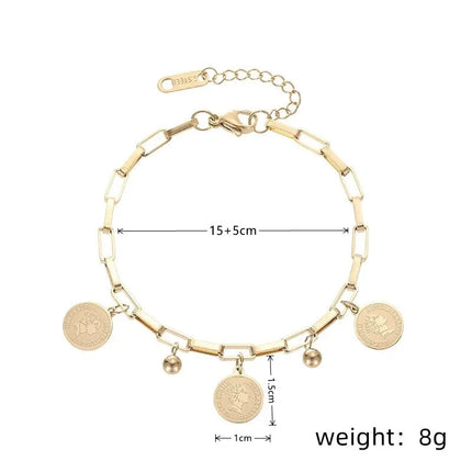 1pcs Gold-color Bracelet Ladies Hip Hop Style Stainless Steel Round Sign Portrait Pendant Wide Cross Chain Jewelry