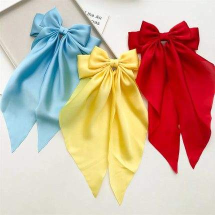 Ladies Satin Large White pink Red Blue Black Ribbon bow Oversized bow Long tail hair clip spring clip ponytail Hair accessorie