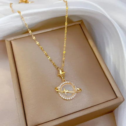 AAA Cubic Zirconia Stones Star And Planet Saturn Pendant Necklace Choker Women Girl Fashion CZ Crystal KC-gold Plated Jewelry