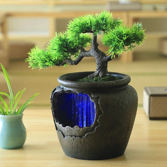 7Color Led Change Creative Indoor Resin Flower Pot Flowing Water Sound Waterfall Fountain Garden Feng Shui Simulation Tree Craft