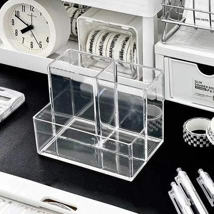 Clear Pen Holder 4 Compartments Makeup Organizer Pencil Cup Desktop Pen Holder Brush Holder Acrylic Pen Container Pencil Holder