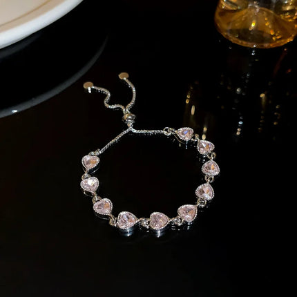 2023 New Fashion Sweet Pink Love Heart Zircon Silver Color Bracelets for Women Exquisite Lovely Hiphop Jewelry Birthday Gifts