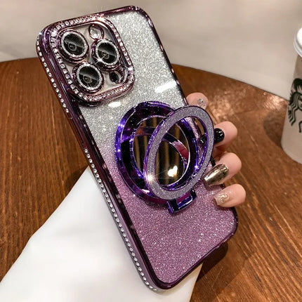 Luxury Diamond Clear Glitter Magsafe Case For iPhone 15 14 13 12 11 Pro Max 15Plus Mirror Magnetic Phone Holder Stand Soft Cover