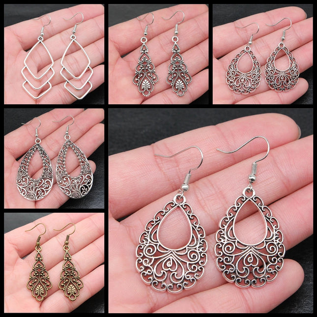 Bohemia Heart Shape Carved Flower Geometry Teardrop Antique Silver Color Drop Dangle Earring For Women Vintage Metal Earrings