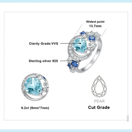 JewelryPalace New Arrival Moon Star 6.8ct Genuine Sky Blue Topaz Created Sapphire 925 Sterling Silver Statement Ring for Woman