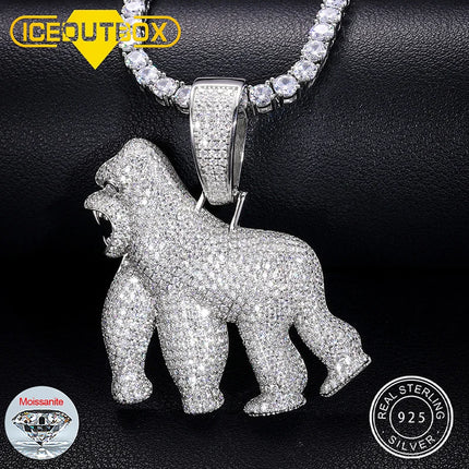 S925 Silver D VVS Moissanite Animal Orangutan Pendant Iced Out Micro Pave Fashion Men's Hip Hop Rock Punk Necklace Rock Jewelry