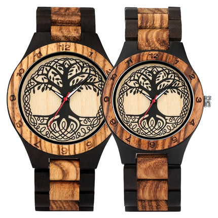 Classic Zebrawood Quartz Watch for Couple Unique Life Tree Pattern Display Round Dial Bracelet Wooden Band Men Women Wristwatch