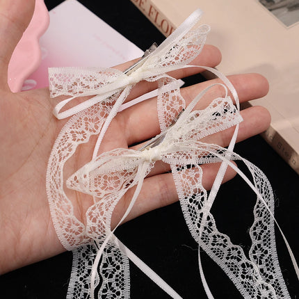 Korean Lace Cream White Bow Ribbon Hair Clip for Women Hairpins Bullet Style Side Shredded Hairpin Headpiece Clip New Headwear