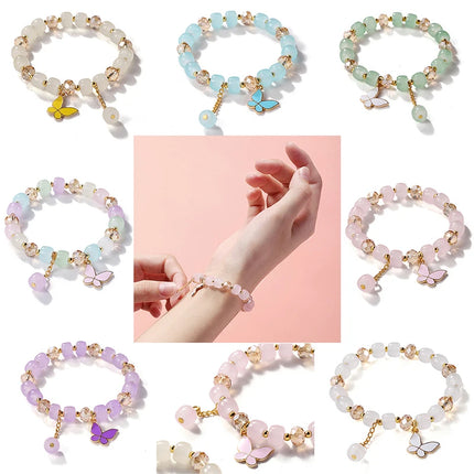 Women Girls Glass Beads Bracelet Butterfly Shape Pendant Ladies Elegant Charm Bacelet Jewelry Accessories