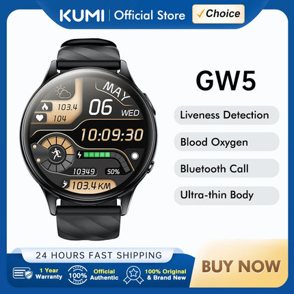 KUMI GW5 Smartwatch 1.39 Inch Ultra-thin Body Bluetooth 5.2 100+Sport Heart Rate Oxygen Monitor Waterproof IP68