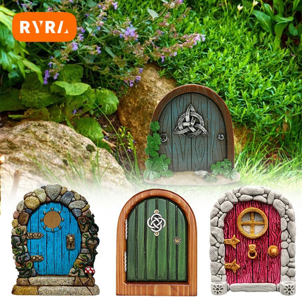 RYRA Fairy Gnome Door Figurines Elf Home Wooden Fairy Garden Window Door Art Tree Sculpture Statues Ornament Outdoor Decoration