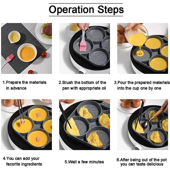 UPORS 4 Hole Frying Pan Non Stick Breakfast Burger Egg Pancake Maker Wooden Handle Medical Stone Four Hole Omelet Pan