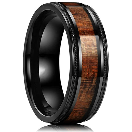 Fashion Silver Color Men's Stainless Steel Rings Koa Wood Deer Antler Inlay Dome Engagement Rings For Men Women Wedding Jewelry