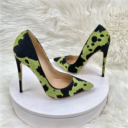 2020 New Women's Shoes Camouflage Horse Hair Celebrity High Heels 12CM Thin Heels Pointed Shallow Mouth Single Shoes Banquet Sho