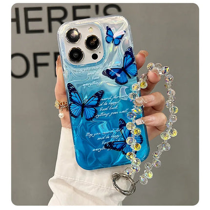 Luxury Letter Butterfly Silver Gradual feather sand Phone Case For iPhone 15 14 13 12 11 Pro Max X XR 7 Plus Tpu Lanyard Cover