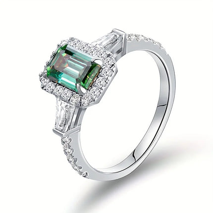 5*7mm Emerald-Cut Green Moissanite Solitaire Ring - Exquisite 18K Gold Plated, Elegant, 925 Silver Band