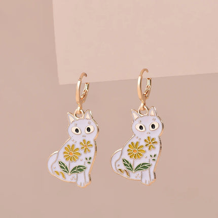 Cute Enamel Cat Earrings For Women Girls Sweet Kitten Rabbit Animal Painted Colorful Delicate Gold Color Hoop Jewelry Earrings