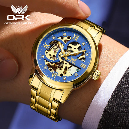 OPK Brand Original Luxury Men's Watches Stainless Steel Strap Mechanical Watch Waterproof Luminous Butterfly Button Hollow Out