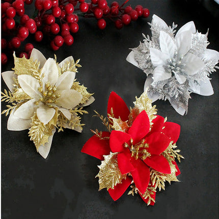 Glitter Artificial Christmas Flowers Xmas Tree Ornaments Merry Christmas Decorations for Home New Year Gift Christmas Decor 2023