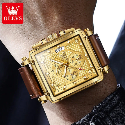 OLEVS Quartz Watch for Men Golden Square Large Dial Waterproof Leather Strap Wrist Watch Date Display Men's Quartz Watch 9925