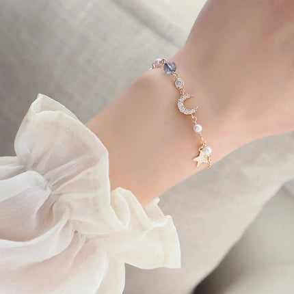 Korean Zircon Pearl Star Moon Bracelets For Women Cute Elegant Bow Adjustable Bracelet Bangle Girls Fashion Jewelry Party Gift