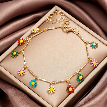 Exquisite Colorful Daisy Flower Bracelet for Women Boho Crystal Butterfly Zircon Sweet Flower Metal Chain Bracelet Party Jewelry