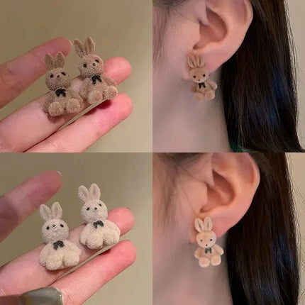 Cute Flocking Rabbit Ear Studs - Brown Animal Silver Needle Earrings