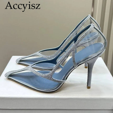 Summer crystal decoration PVC transparent solid color high-heeled women's pointed toe sexy party fashion dress shoes 2024