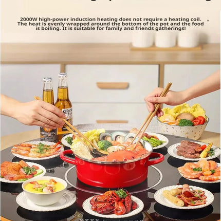 Household round multifunctional dining table with hot pot heating plate