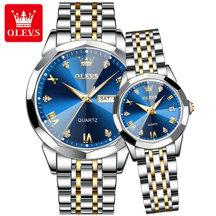 OLEVS Couple Watches Set for His Hers Quartz Wristwatch Men Women Solid Stainless Steel Strap Rhombus Design Lover's Watch Gifts