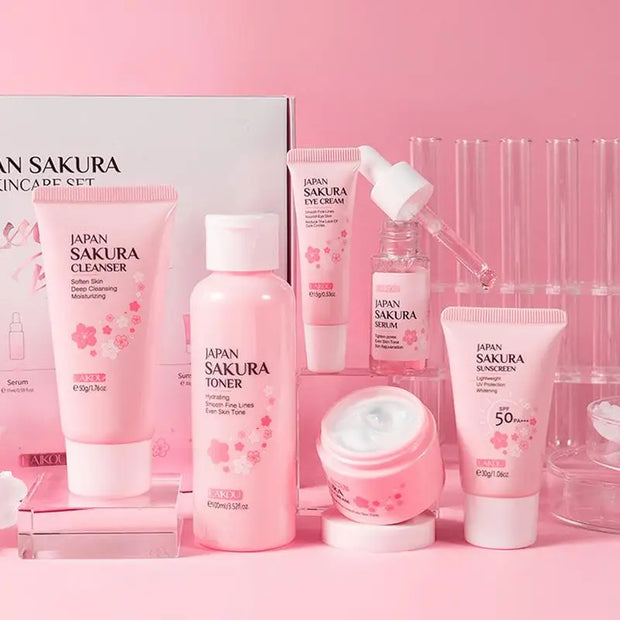 NEW Sakura Facial Cleaner Korean Face Serum Anti Acne Peeling Gel Moisturize Fade Dark Circles Eye Cream Cosmetics Skin Care Set