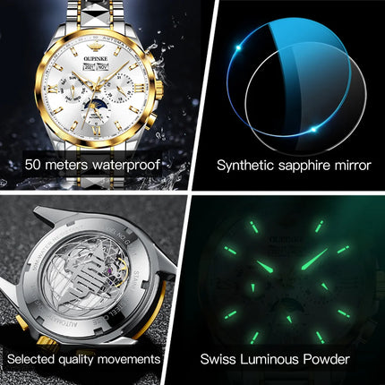 OUPINKE Moon Phase Lovers Mechanical Watch for Men Women Tungsten Steel Strap Wrist Clock Luxury Brand Waterproof Couple Watches