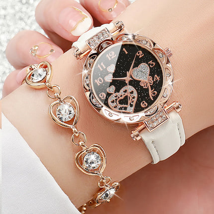 5PCS/Set Fashion Rhinestone Heart Women Watch Jewelry Set Female Leather Band Quartz Wrist Watch（Without Box）