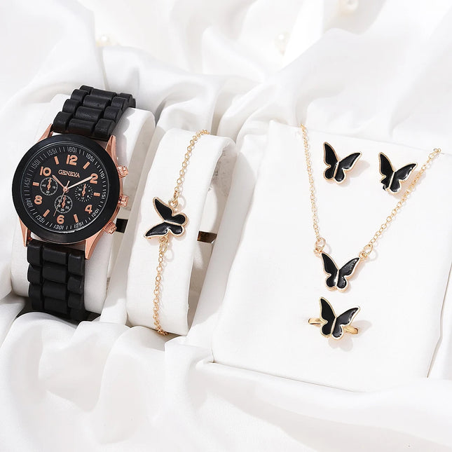 Luxury Watch Women Necklace Earrings Bracelet Set Watches Butterfly Silicone Strap Ladies Quartz WristWatch No Box