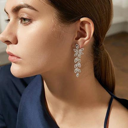 Luxury Flower Leaf Zircon Drop Earrings - Elegant Wedding Bridal Jewelry