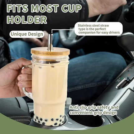 24OZ Glass Cup With Wooden Lid Straw Transparent Pearl Milk  Juice Milk Thickened Glass Cup Breakfast Cup Drinkware Coffee Mug