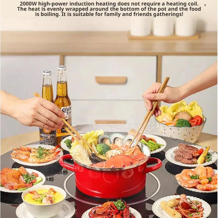 Household round multifunctional dining table with hot pot heating plate