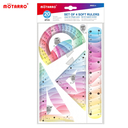 4 Pcs/set Ruler Set Soft Plastic Colorful Rainbow Rulers Shatterproof Bendable Flexible Ruler for School & Office Supplies