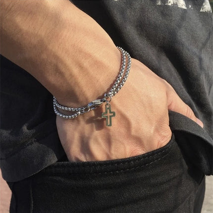 Double Chain Hollow Cross Pendant Stainless Steel Lobster Claw Claw Bracelet Fashion Hip Hop Punk Party Men's Jewelry Gift