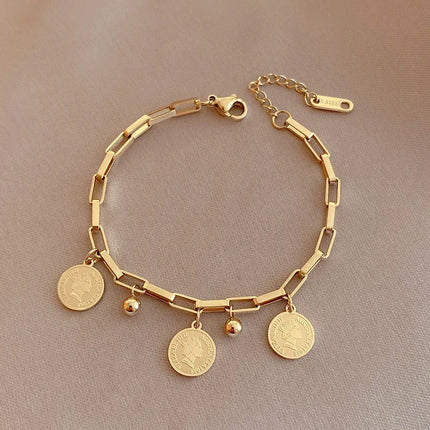 1pcs Gold-color Bracelet Ladies Hip Hop Style Stainless Steel Round Sign Portrait Pendant Wide Cross Chain Jewelry