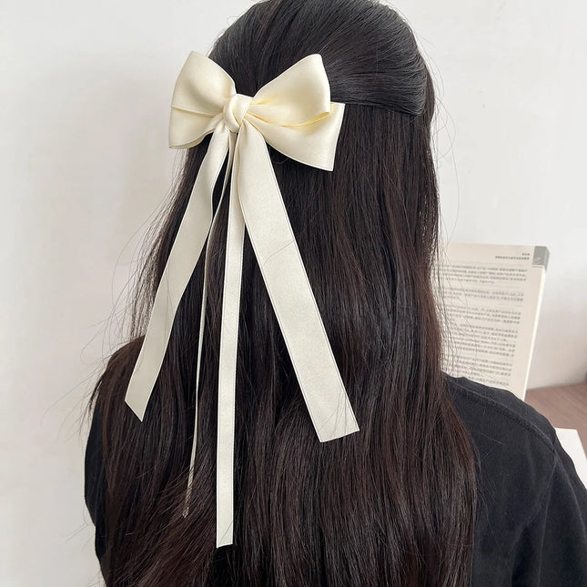 Korean Solid Color Ribbon Double Bowknot Hair Clips for Women Girls Trendy Big Bow Long Tassel Silver Barrettes Pin Accessories