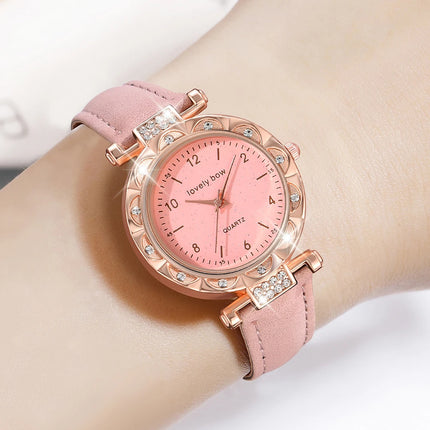 5PCS/Set  Pink Romantic Heart Quartz Watch Shiny Rhinestone Analog PU Leather Wrist Watch & Jewelry Set, Gift For Women Her