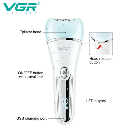 VGR Hair Remover Rechargeable Facial Leg Body Bikini Epilator Lady Shaver Underarms Hair Removal Tool Epilator for Women V-733