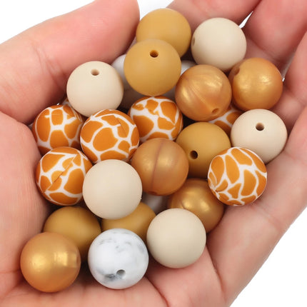 15mm 30Pcs Silicone Beads Round Print Food Grade Teething Beads for DIY Pen Baby Teething Pacifier Clips Necklace