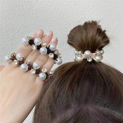 Fashion Pearl Crystal Black Hair Ties For Women Girls Summer No Slipping Elastic Beaded Ponytail Holders Hair Ropes Scrunchies